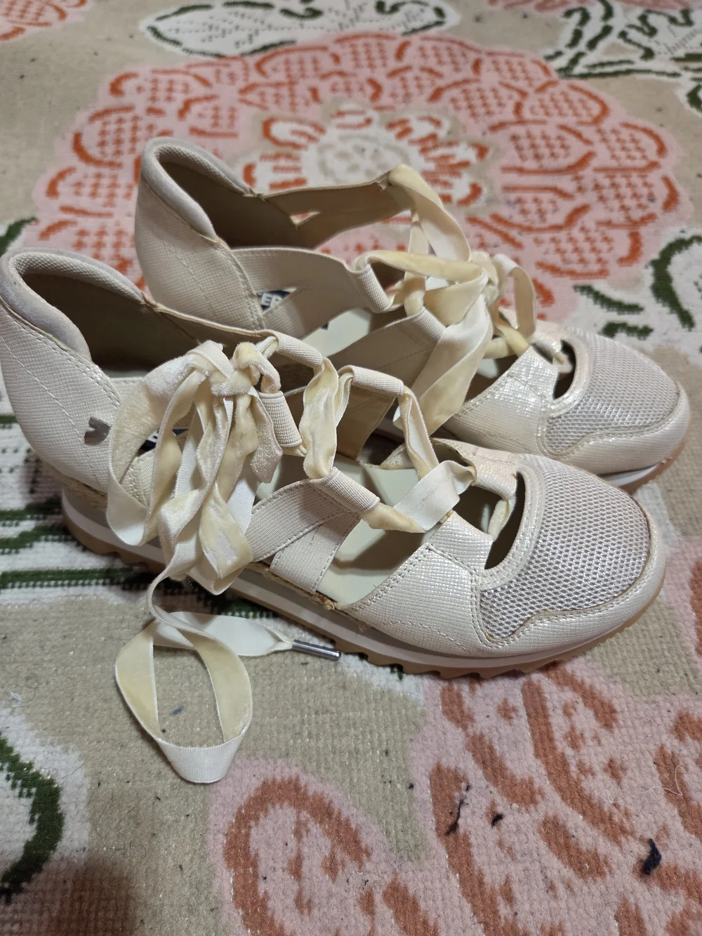 Lace-Up Espadrille Wedge Sandals - Cream